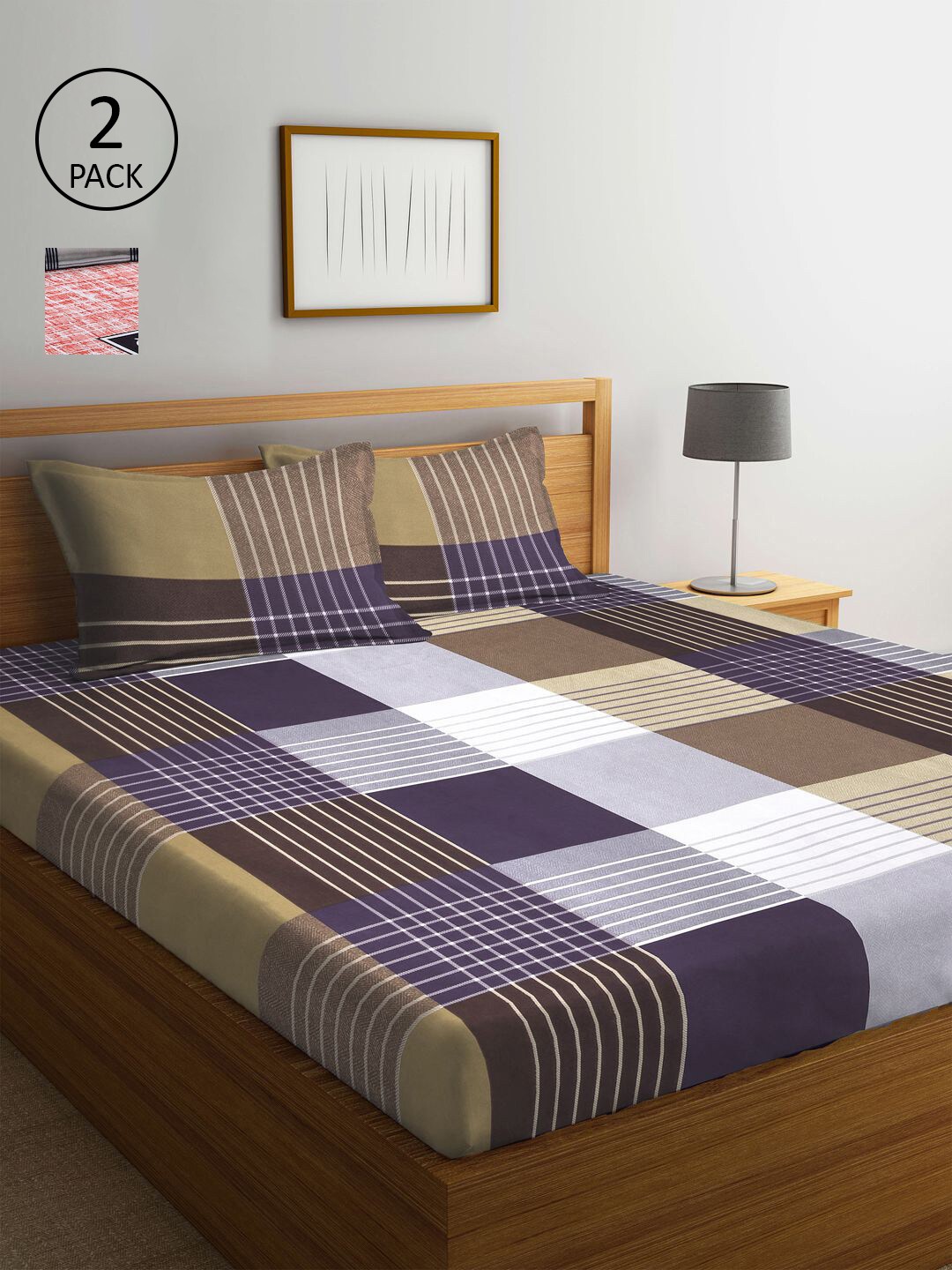 

KLOTTHE Purple & Red Geometric 210 TC Set Of 2 King Bedsheet with 4 Pillow Covers