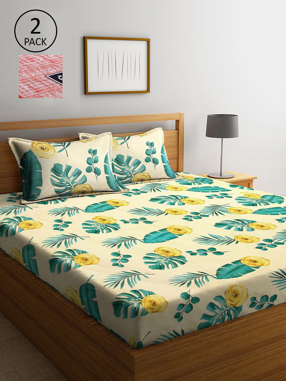 

KLOTTHE Yellow & Red Floral 210 TC 2 King Bedsheet with 4 Pillow Covers