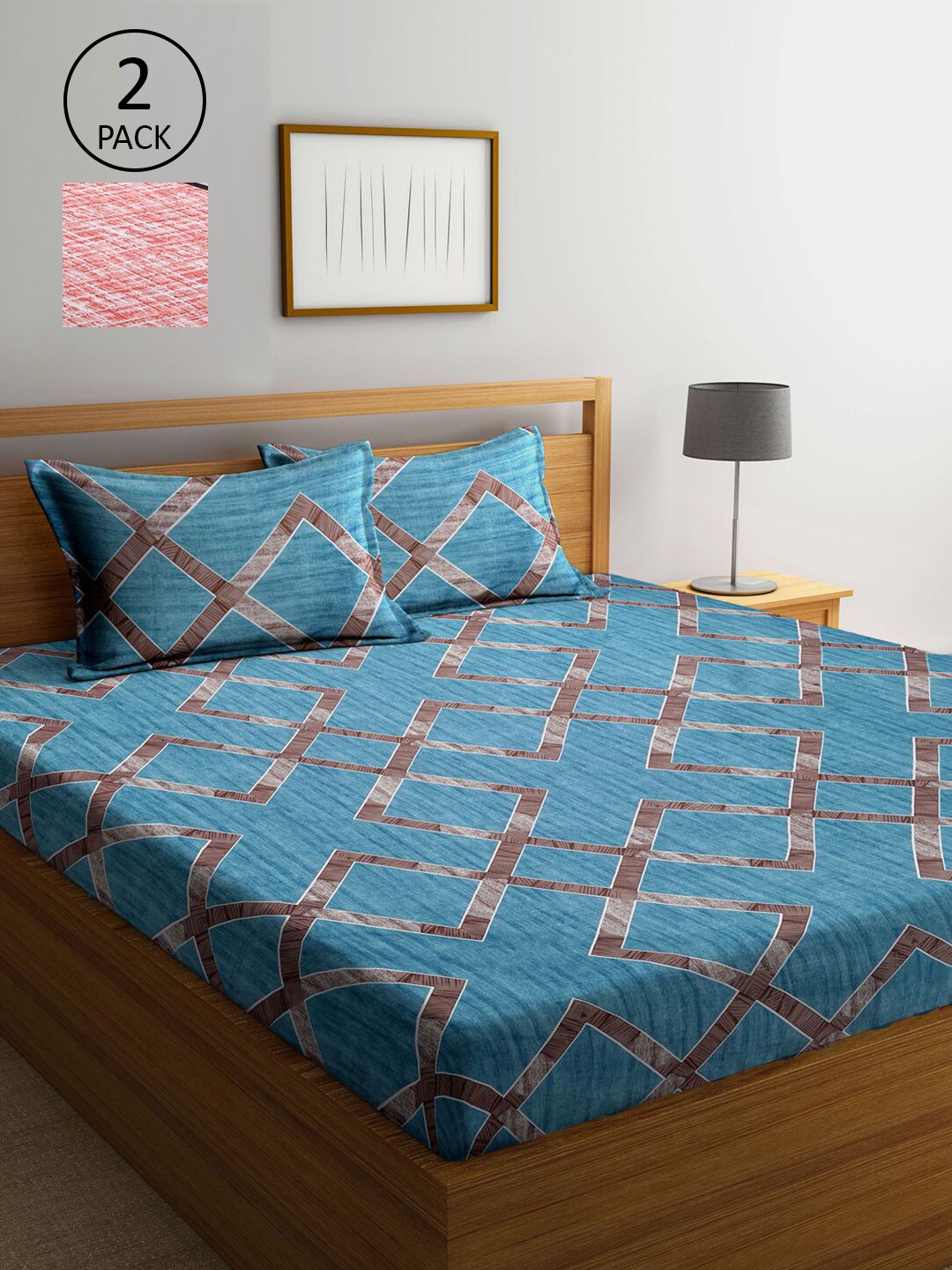 

KLOTTHE Blue & Red Geometric Printed 210 TC 2 King Bedsheets with 4 Pillow Covers