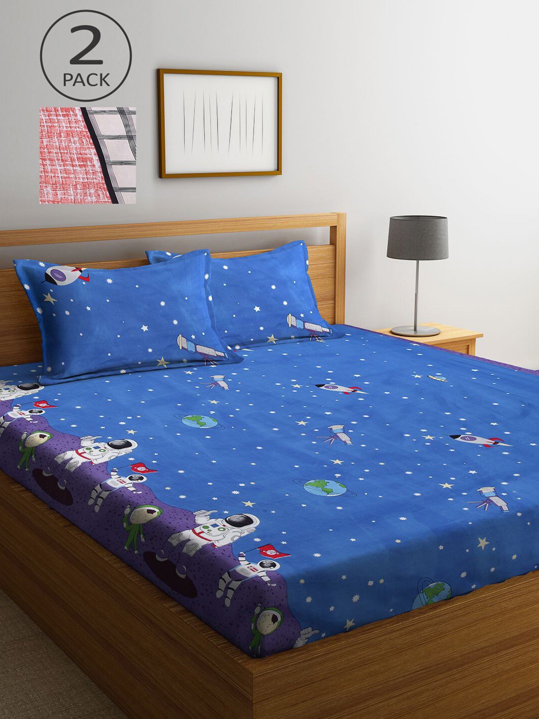 

KLOTTHE Blue & Red Cartoon Characters 210 TC Set Of 2 King Bedsheet with 4 Pillow Covers