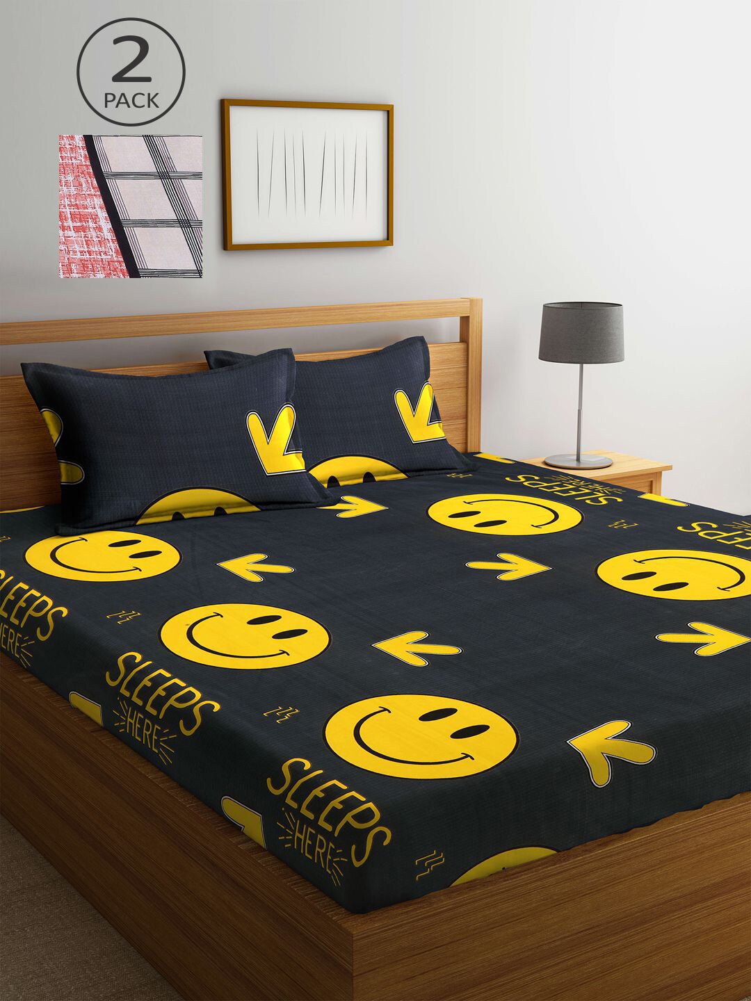 

KLOTTHE Black & Yellow Cartoon Characters 300 TC 2 King Bedsheet With 4 Pillow Covers