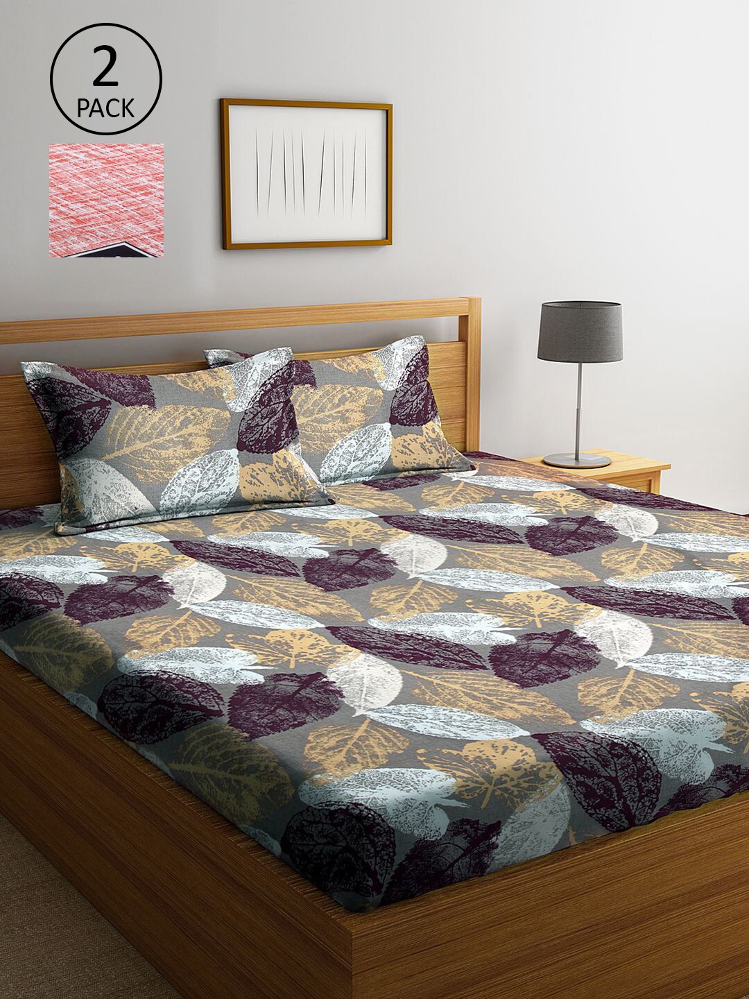 

KLOTTHE Grey & Red Floral 210 TC Set Of 2 King Bedsheet with 4 Pillow Covers