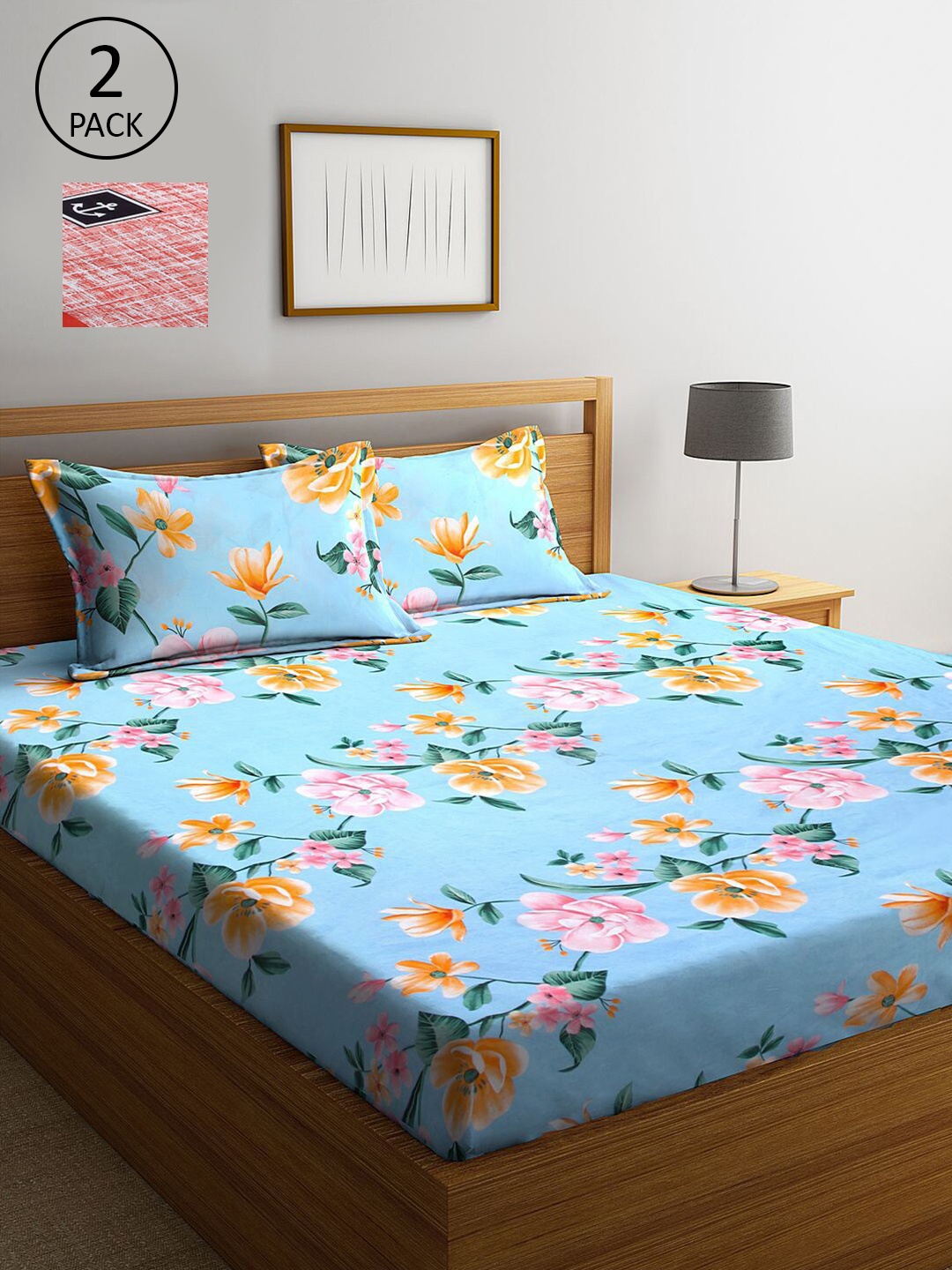 

KLOTTHE Blue & Red Floral Printed 210 TC 2 King Bedsheets with 4 Pillow Covers