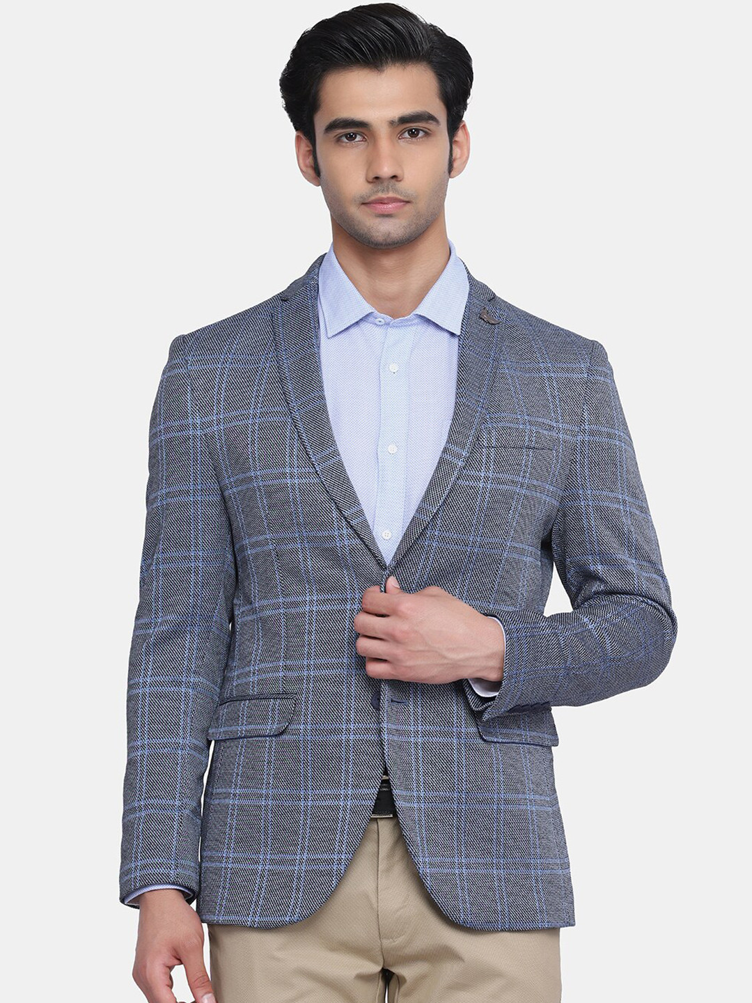 

Blackberrys Men Blue & Grey Checked Slim-Fit Single Breasted Blazer
