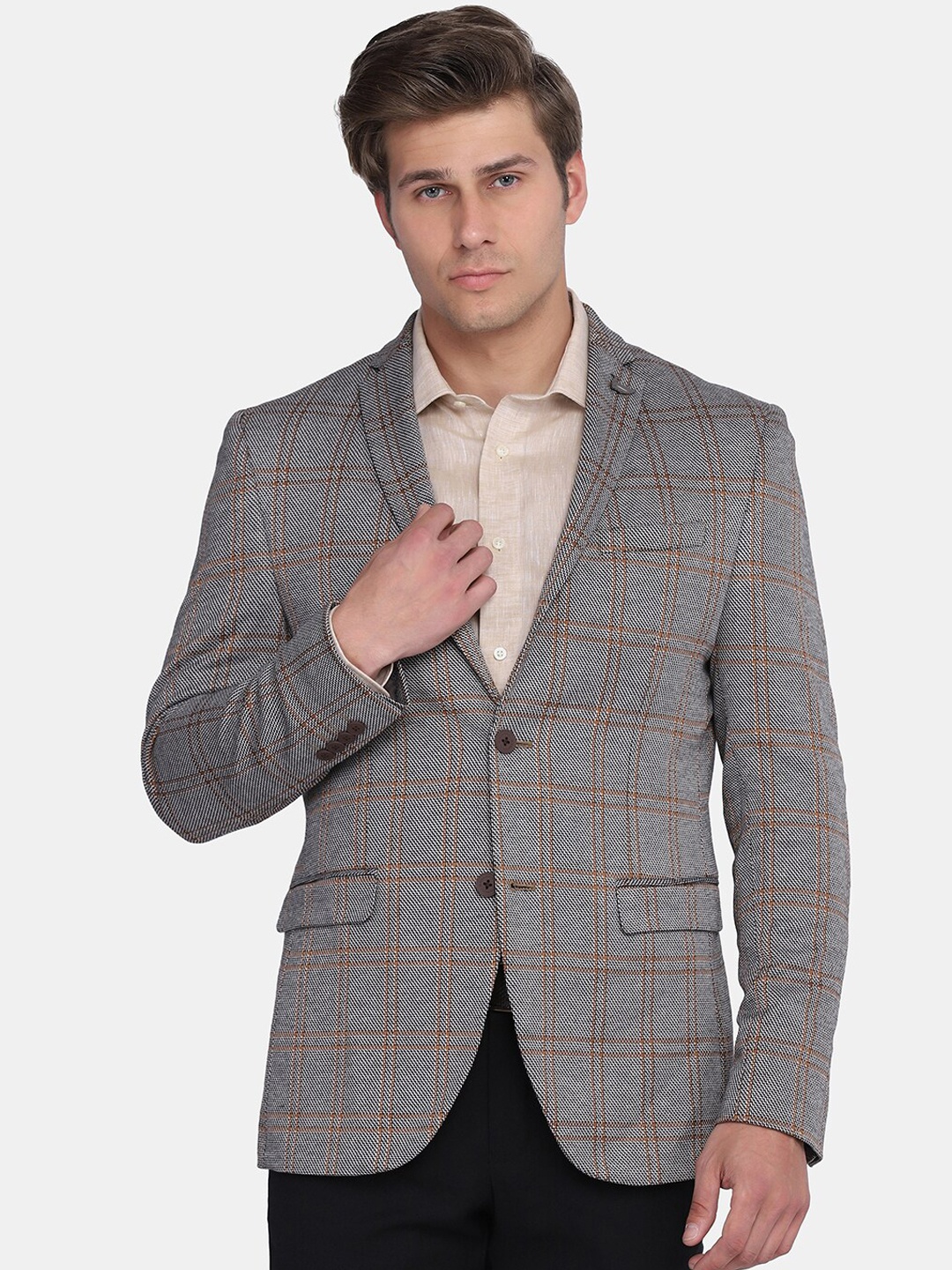 

Blackberrys Men Brown & Grey Checked Slim-Fit Single-Breasted Casual Blazer