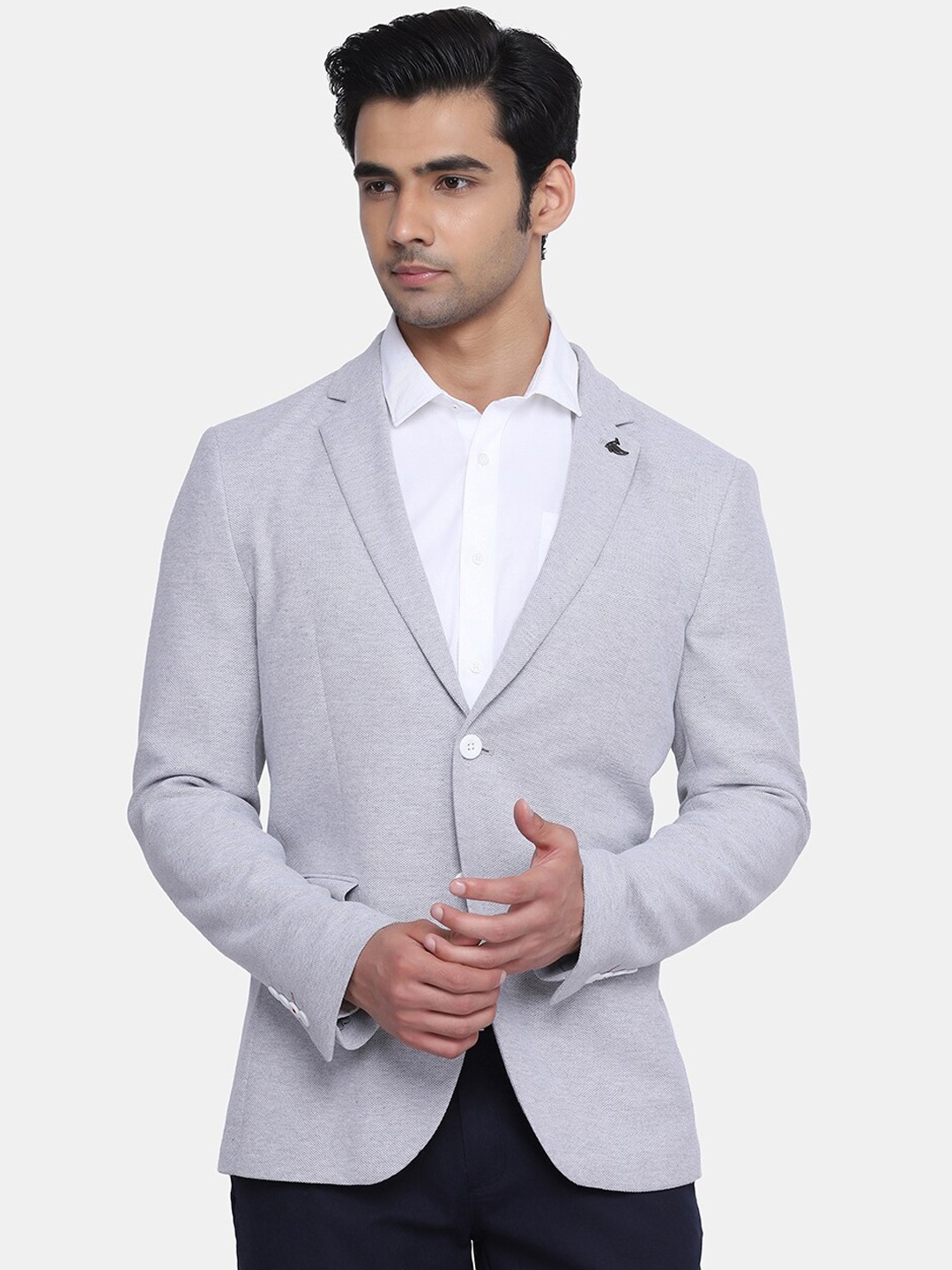 

Blackberrys Men Grey Solid Pure Cotton Slim-Fit Blazers