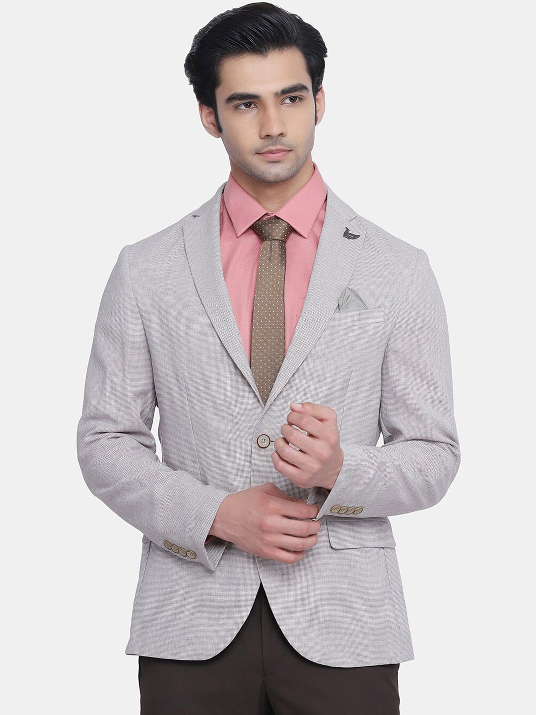 

Blackberrys Men Grey Self-Design Single Breasted Slim-Fit Formal Blazer