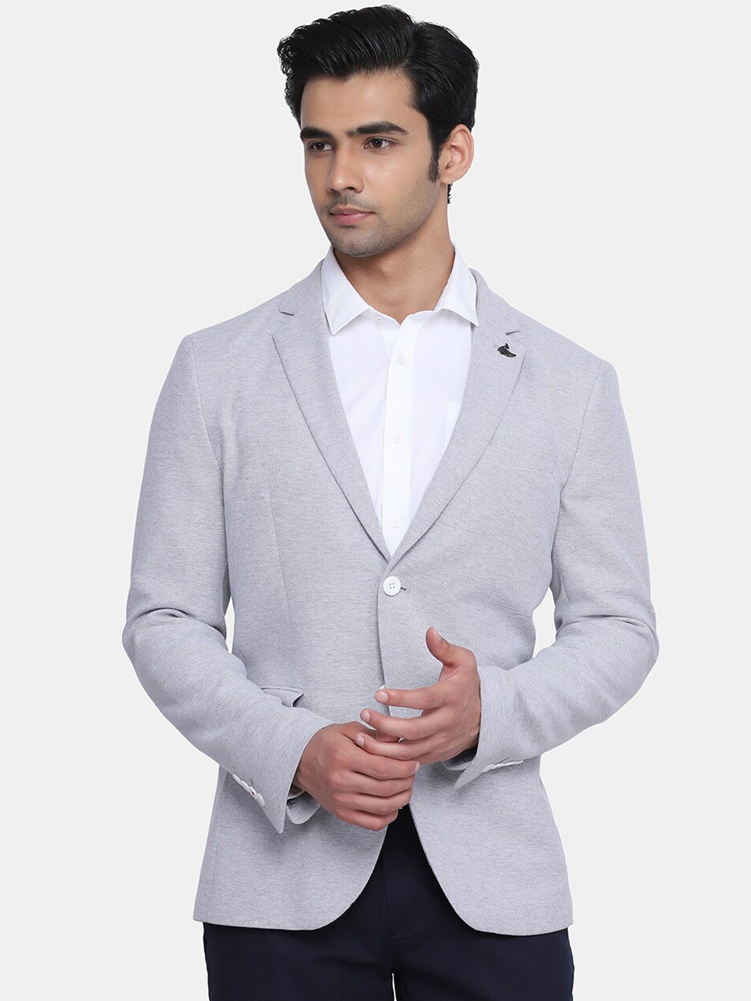 

Blackberrys Men Grey Solid Slim-Fit Single-Breasted Cotton Casual Blazer