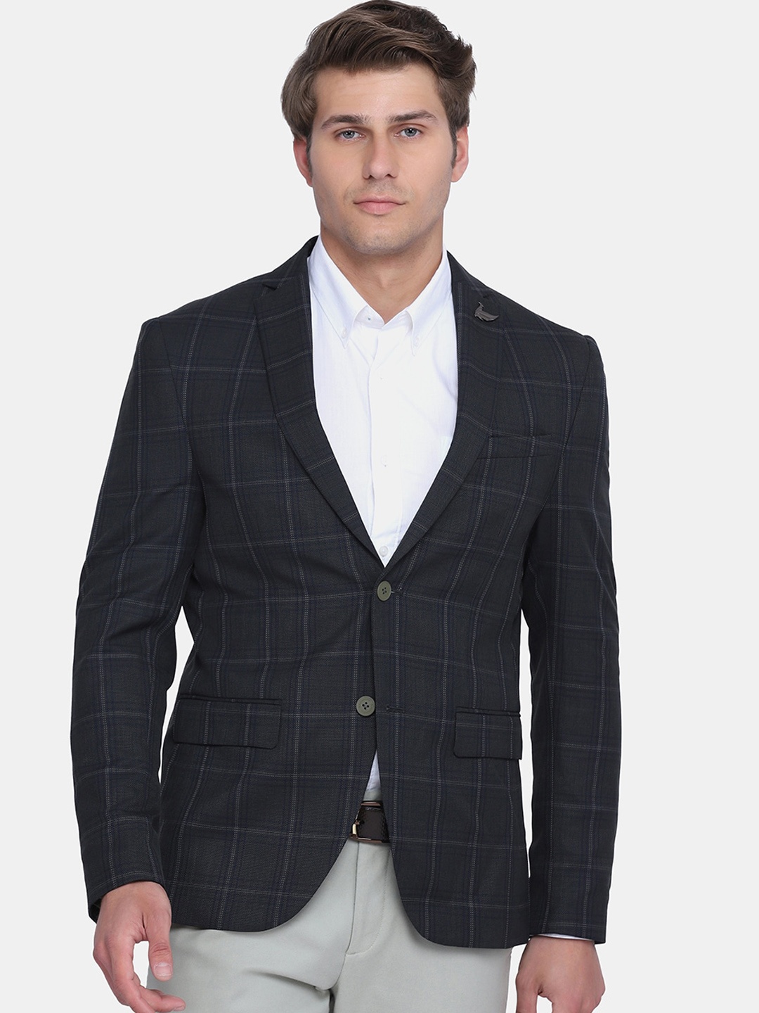 

Blackberrys Men Olive & Navy Blue Checked Single-Breasted Slim-Fit Casual Blazer