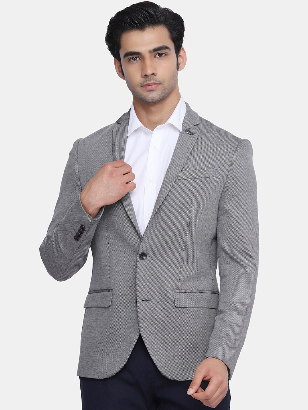 

Blackberrys Men Solid Grey Self-Design Single Breasted Slim-Fit Formal Blazer