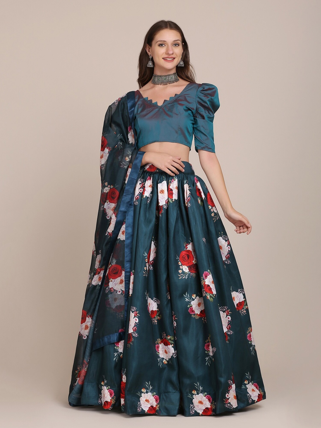 

Warthy Ent Navy Blue & Red Foil Print Semi-Stitched Lehenga & Unstitched Blouse With Dupatta