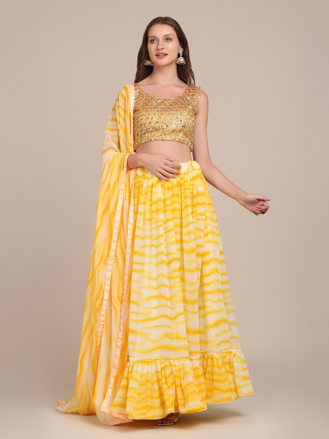 

Warthy Ent Yellow & Golden Sequinned Shibori Semi-Stitched Lehenga & Unstitched Blouse With Dupatta