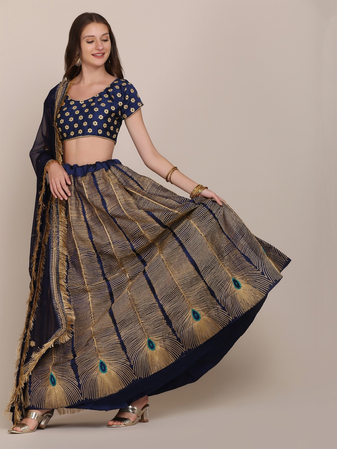 

Warthy Ent Navy Blue Embroidered Thread Work Block Print Semi-Stitched Lehenga