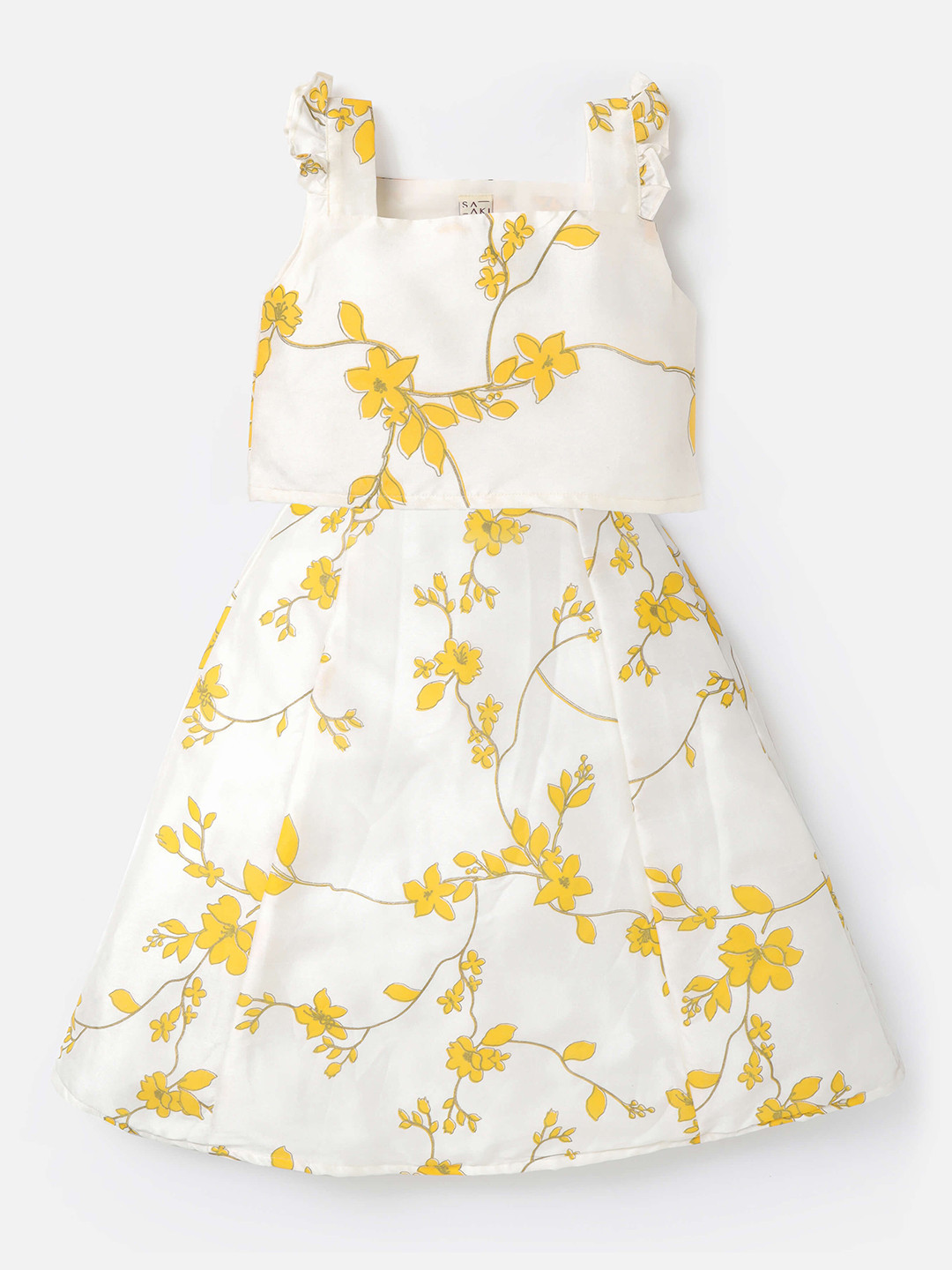 

Saaki Girls White & Yellow Printed Ready to Wear Lehenga & Choli