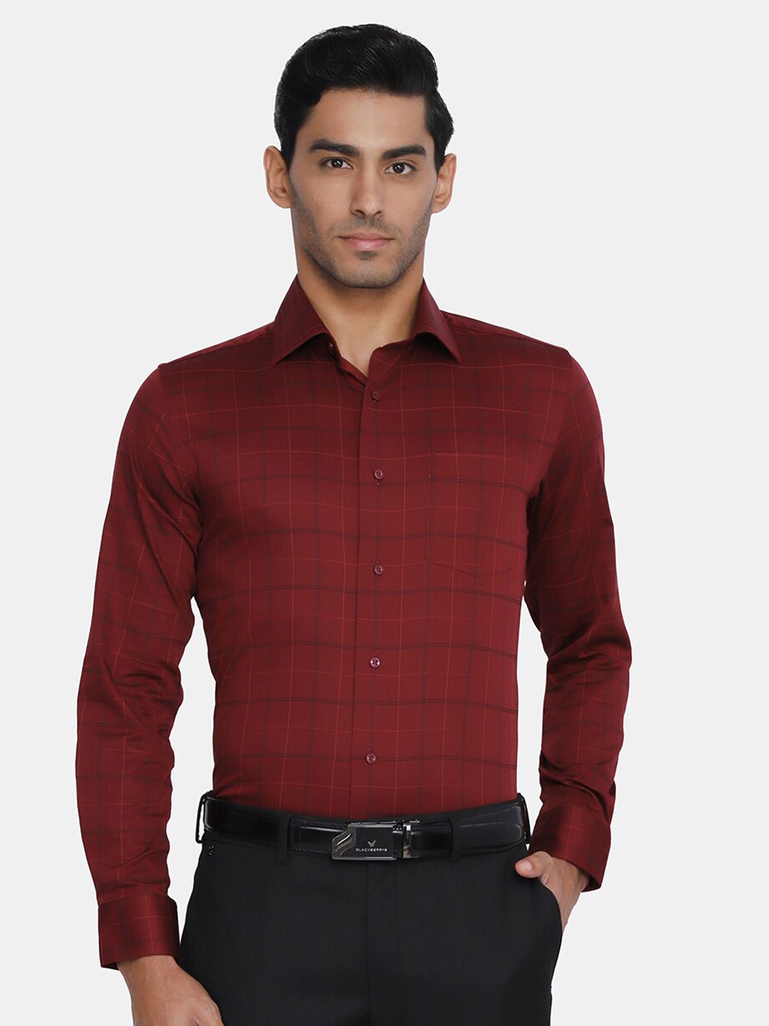 

Blackberrys Men Maroon India Slim Fit Windowpane Checked Formal Shirt