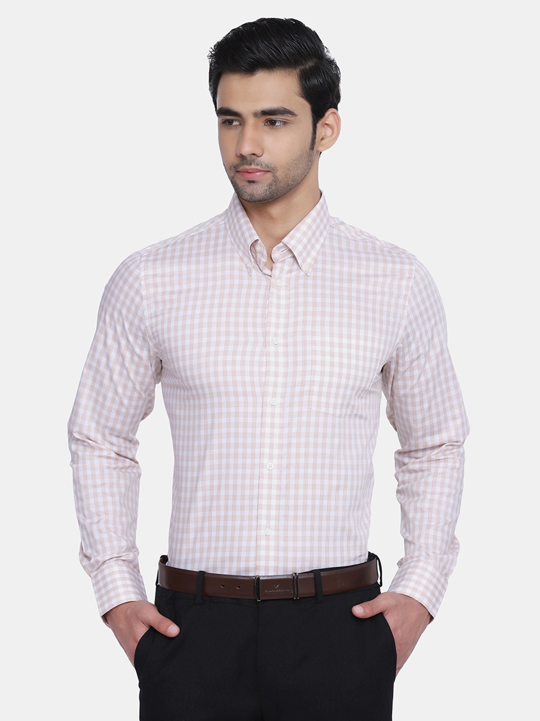 

Blackberrys Men Beige India Slim Fit Grid Tattersall Checked Formal Shirt