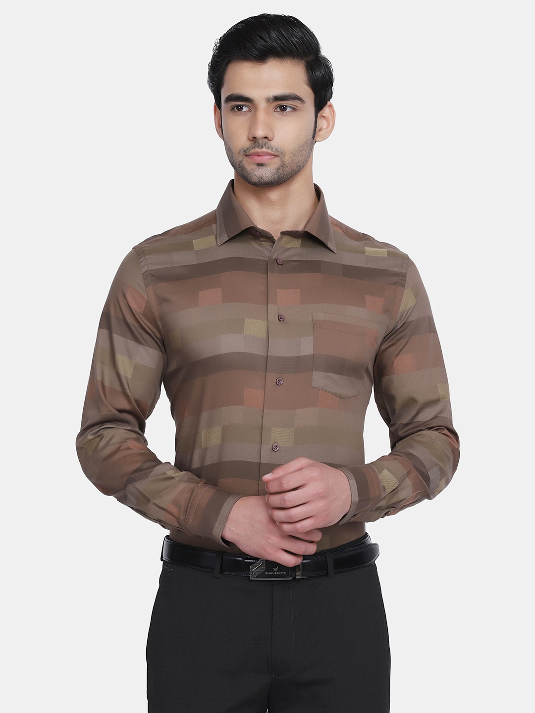 

Blackberrys Men Brown India Slim Fit Horizontal Striped Formal Shirt