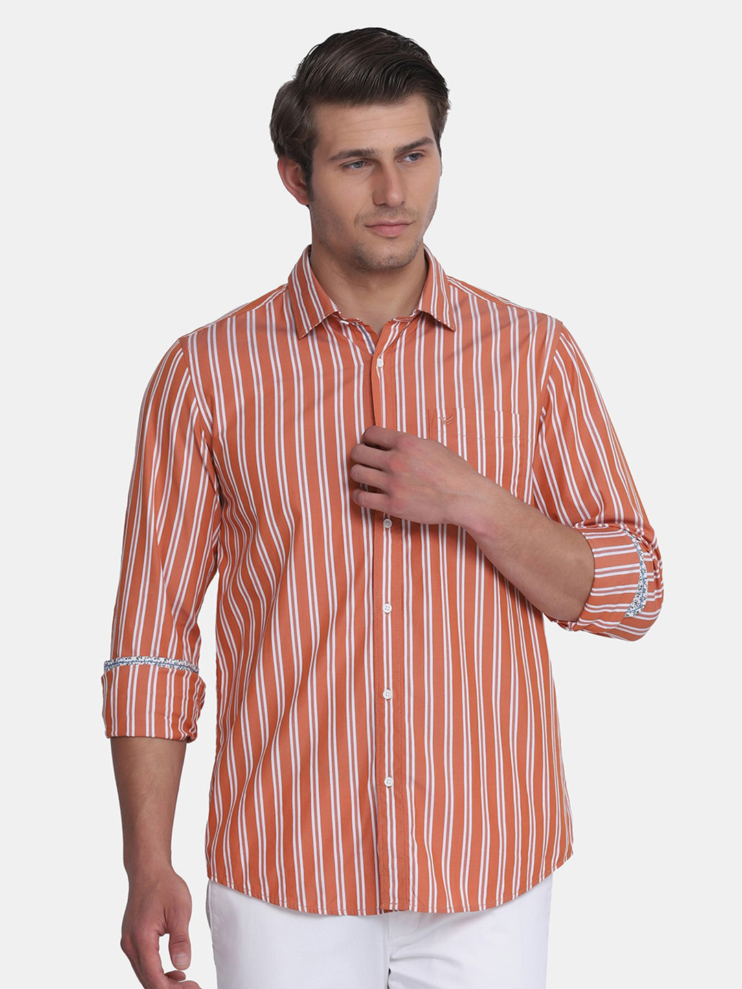 

Blackberrys Men Orange India Slim Fit Striped Casual Shirt