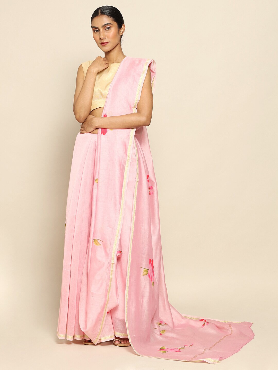 

CHOWDHRAIN Pink & Green Floral Silk Cotton Chanderi Saree