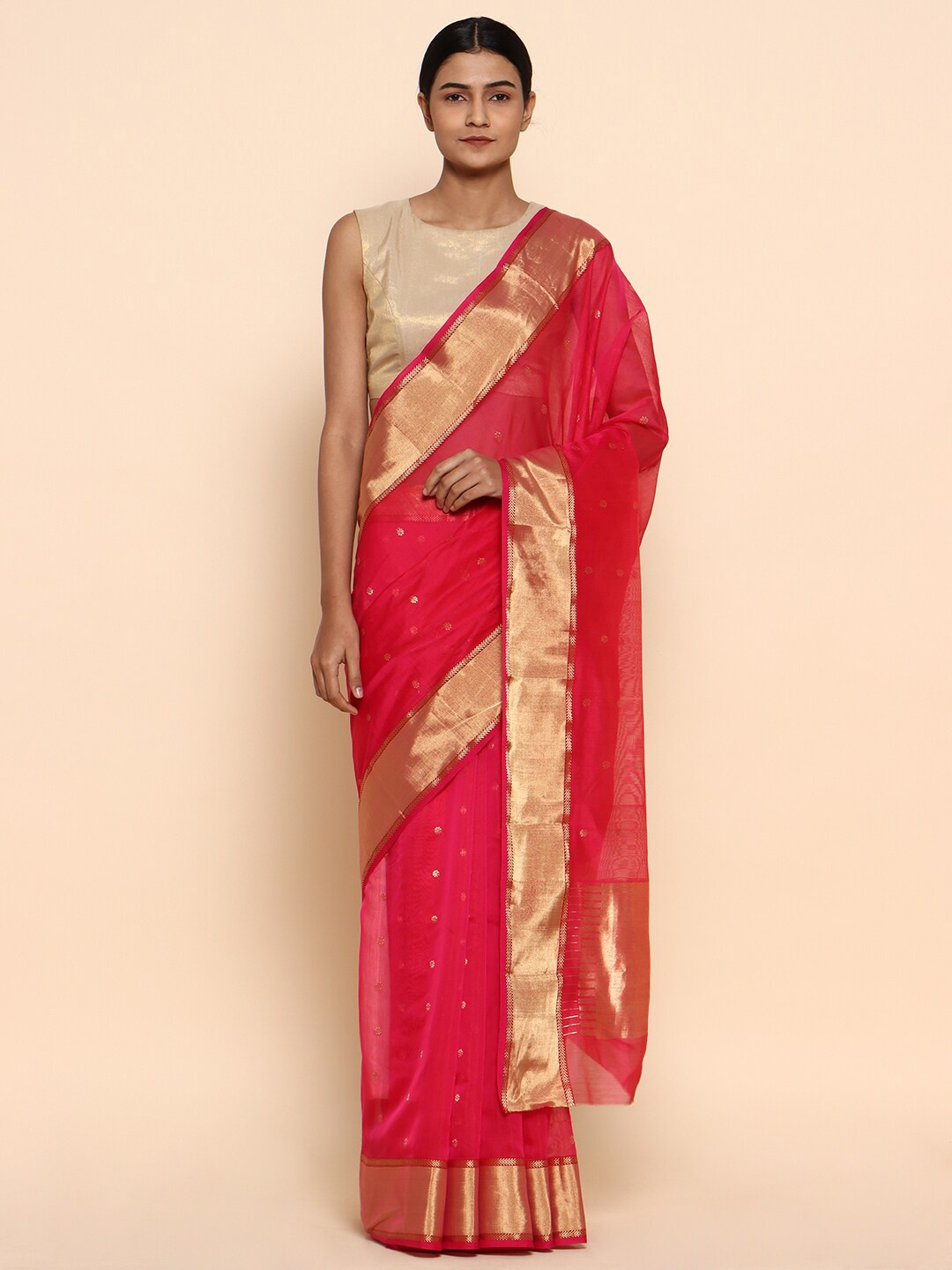 

CHOWDHRAIN Pink & Gold-Toned Woven Design Silk Cotton Chanderi Saree