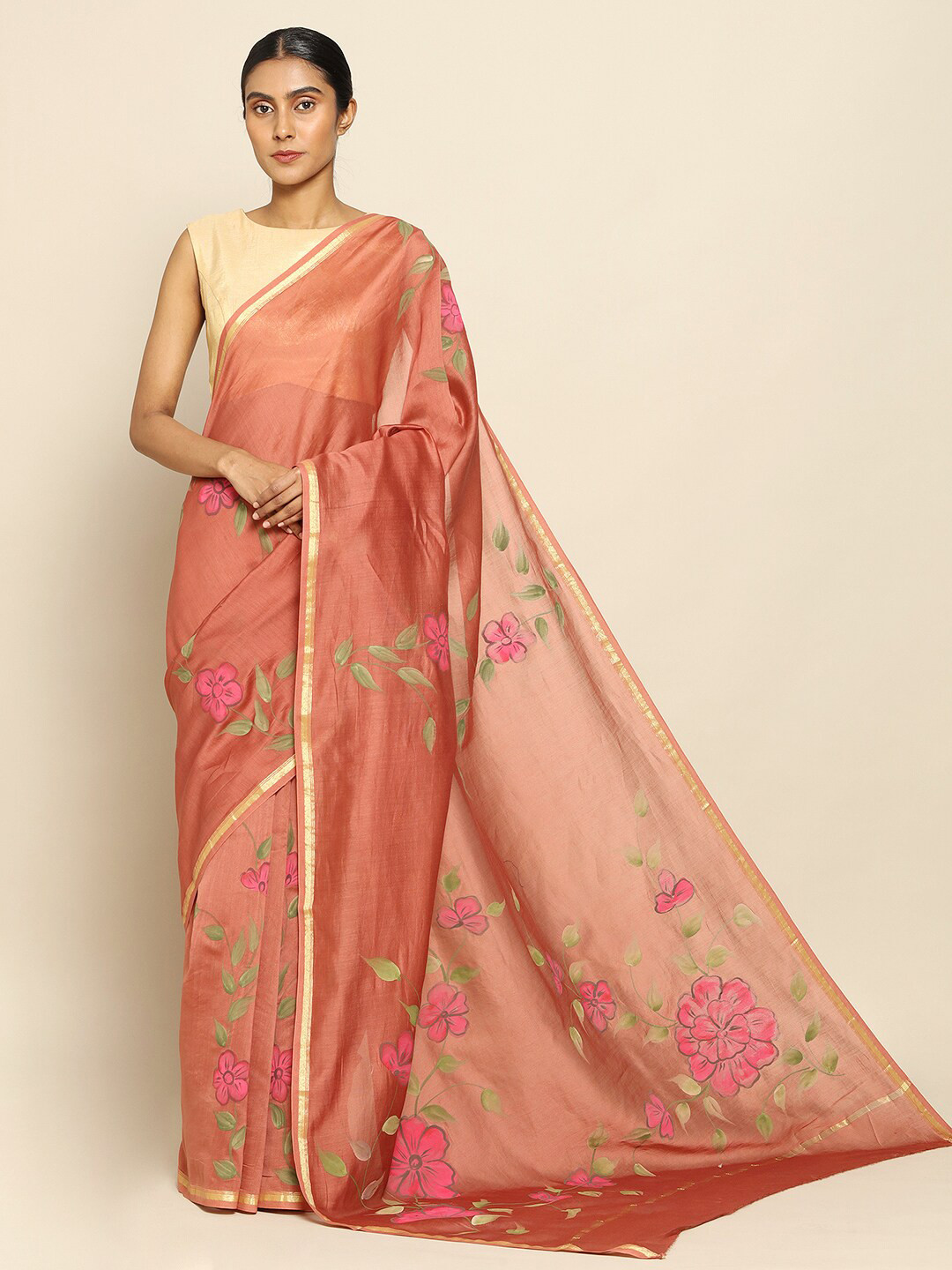 

CHOWDHRAIN Brown & Pink Floral Silk Cotton Chanderi Saree