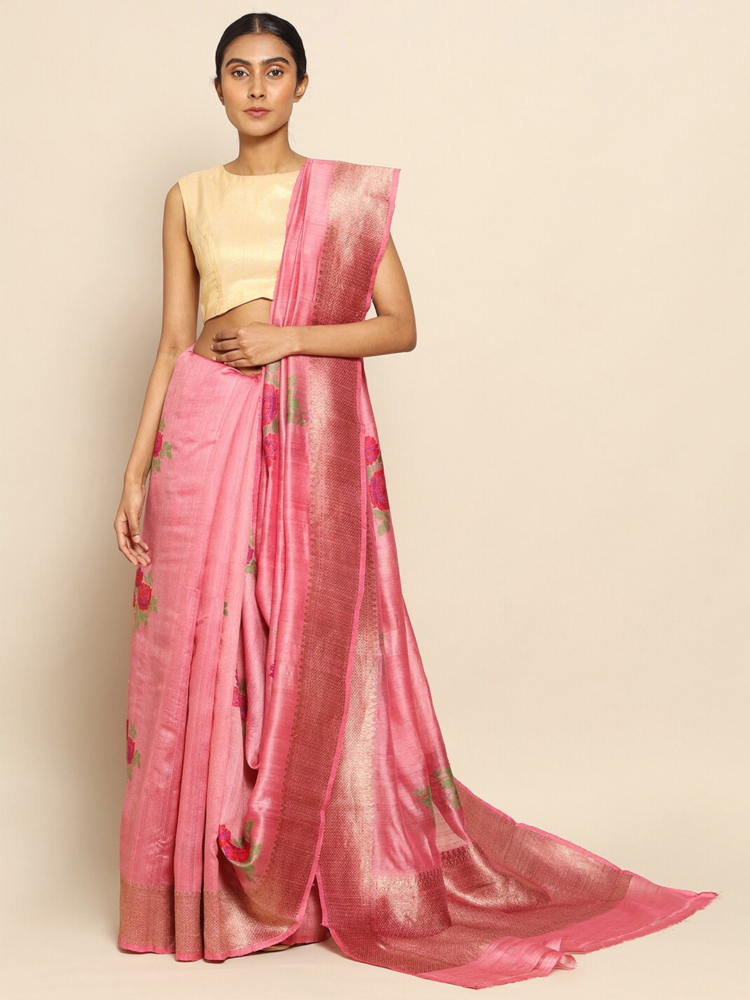 

CHOWDHRAIN Pink & Green Floral Zari Pure Silk Tussar Saree