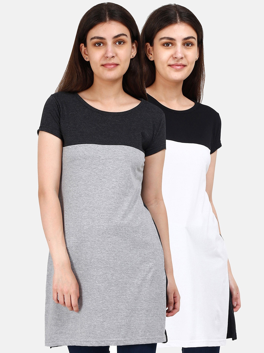 

Fleximaa Grey & White Set Of 2 Colourblocked Pure Cotton Top