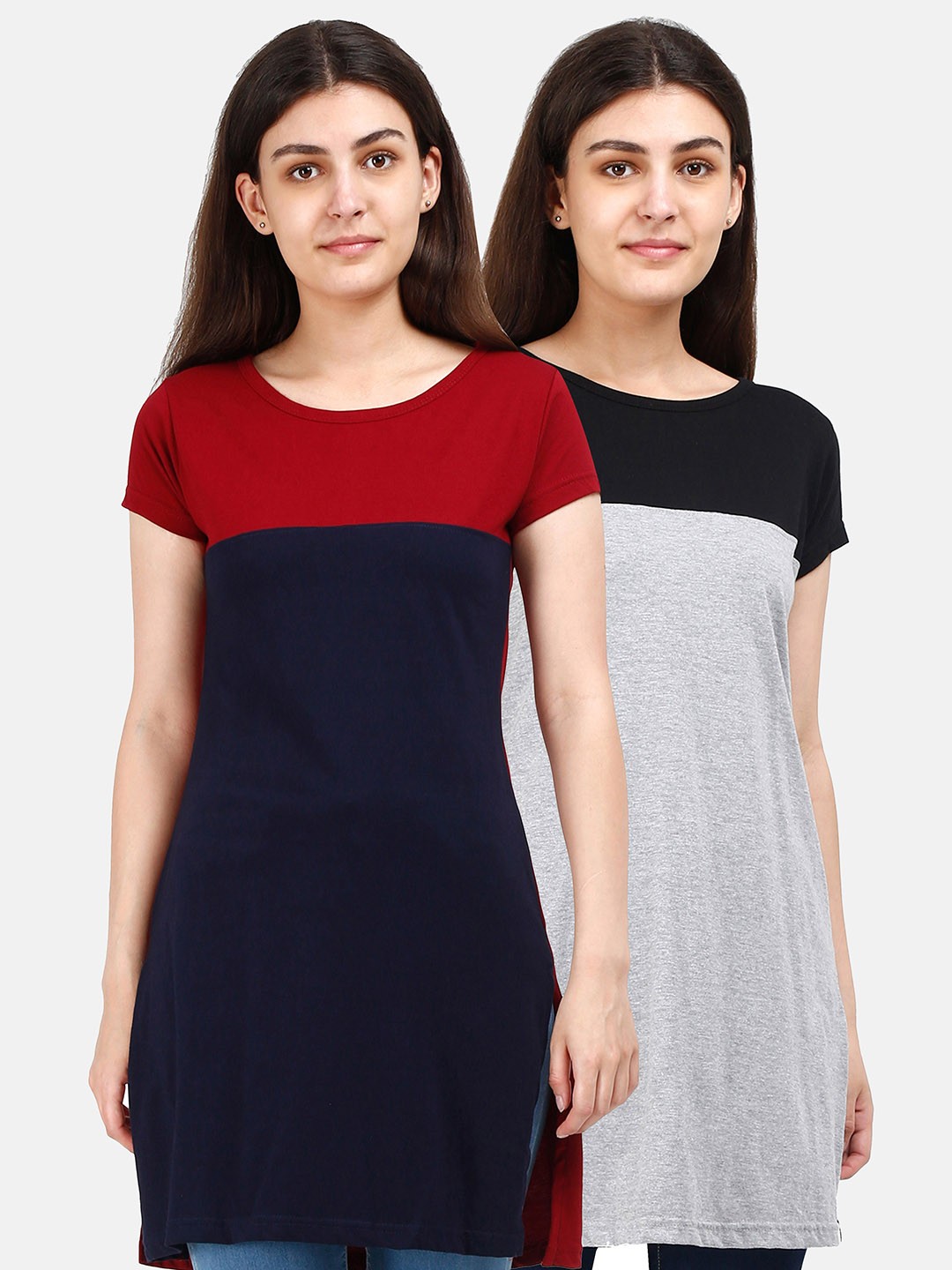

Fleximaa Black & Grey Set Of 2 Colourblocked Pure Cotton Top