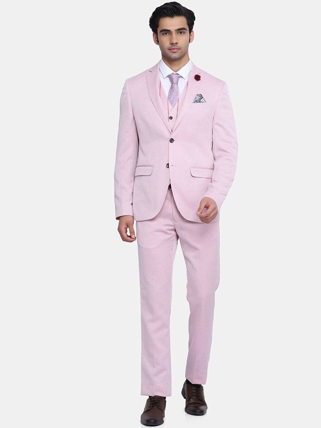 

Blackberrys Men Pink Self-Design Slim-Fit Single-Breasted 3-Piece Formal Suit