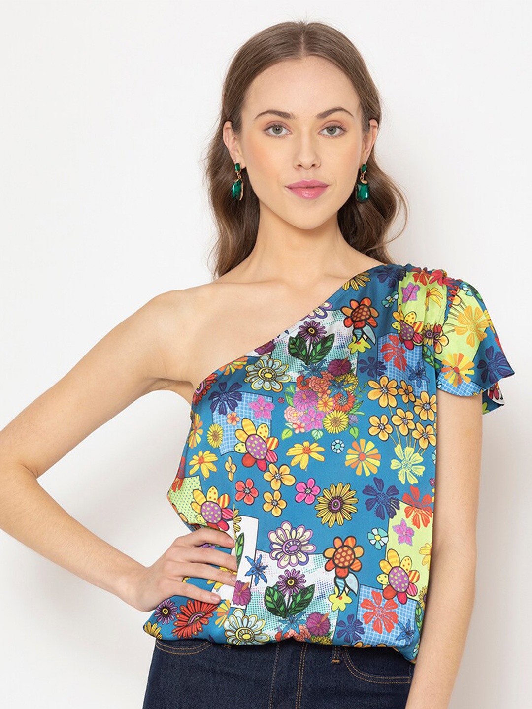 

SHAYE Blue Floral Print One Shoulder Top