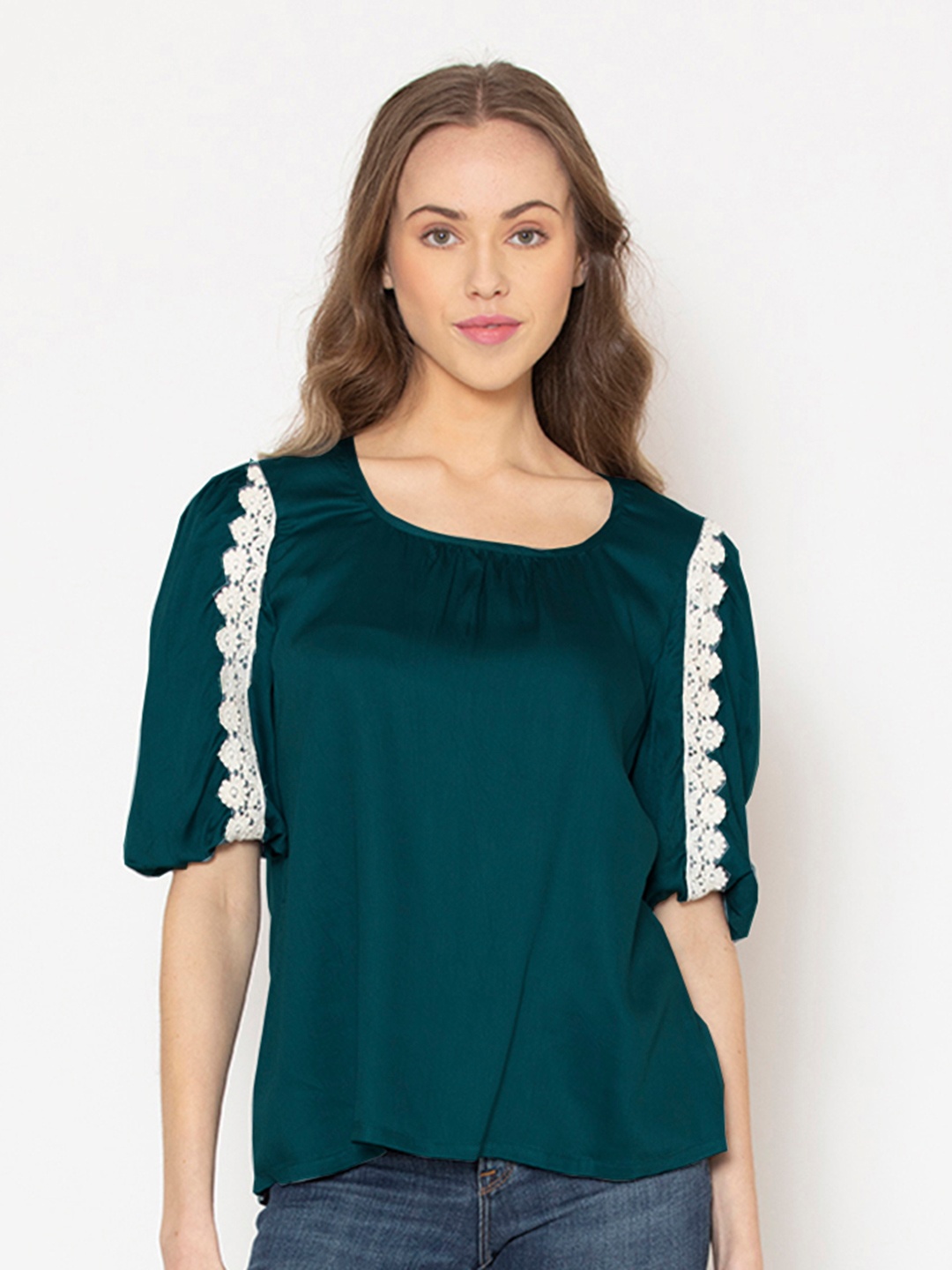 

SHAYE Women Green Lace Detailed Top
