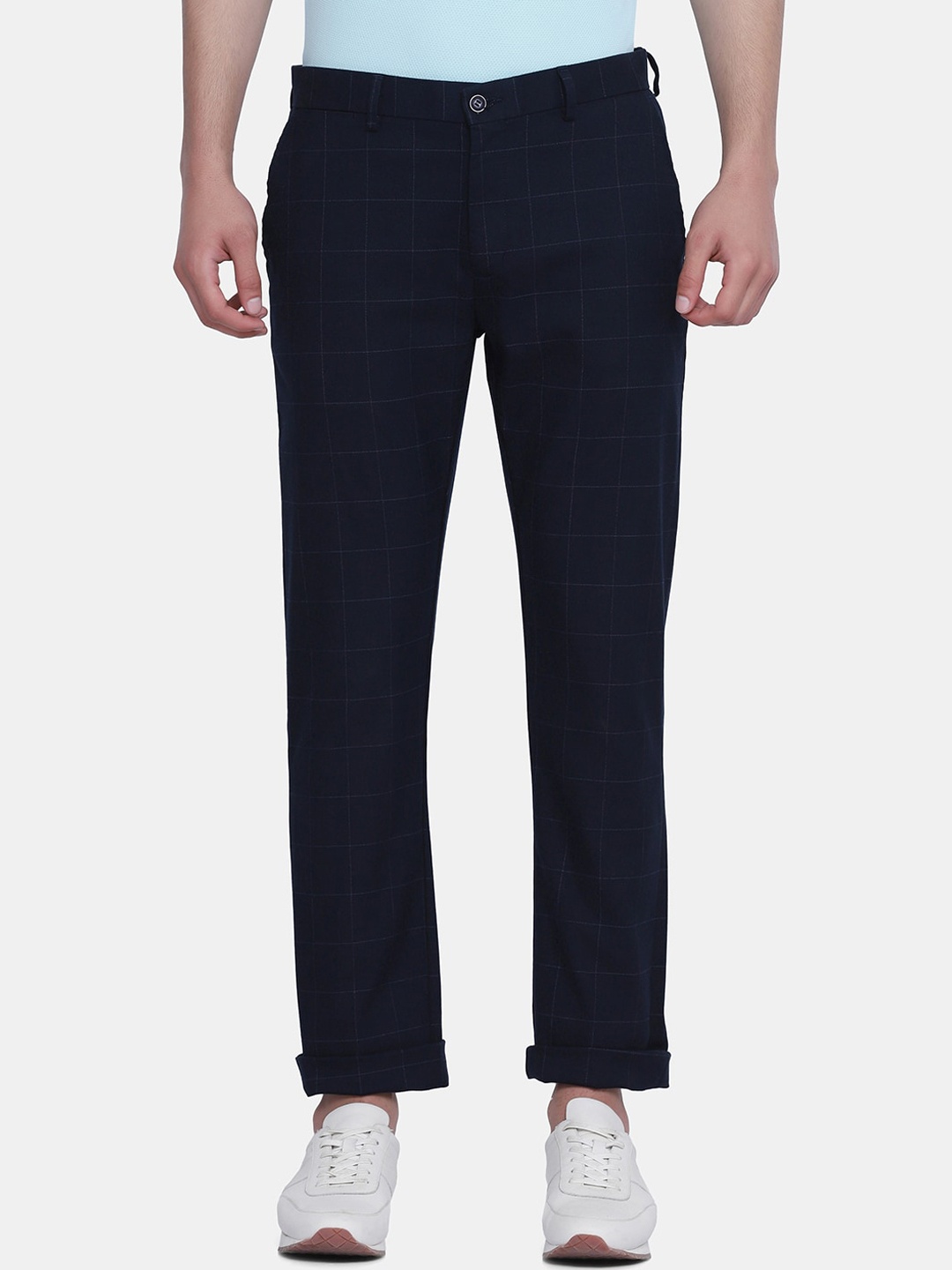 

Blackberrys Men Navy Blue Checked B-95 Slim Fit Trousers