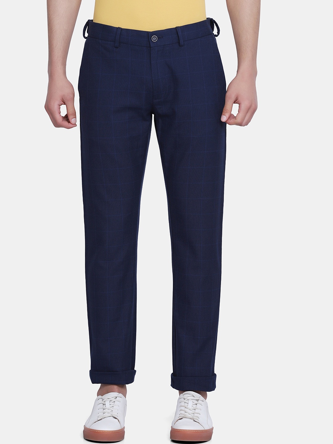 

Blackberrys Men Navy Blue Checked B-95 Slim Fit Trousers