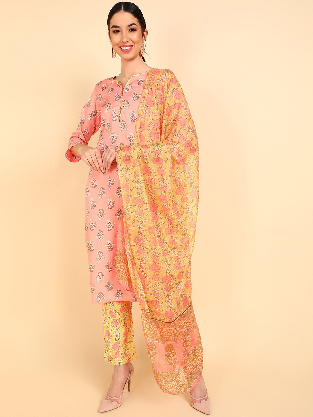

AHIKA Women Peach-Coloured Floral Printed Kurta with Trousers & With Dupatta