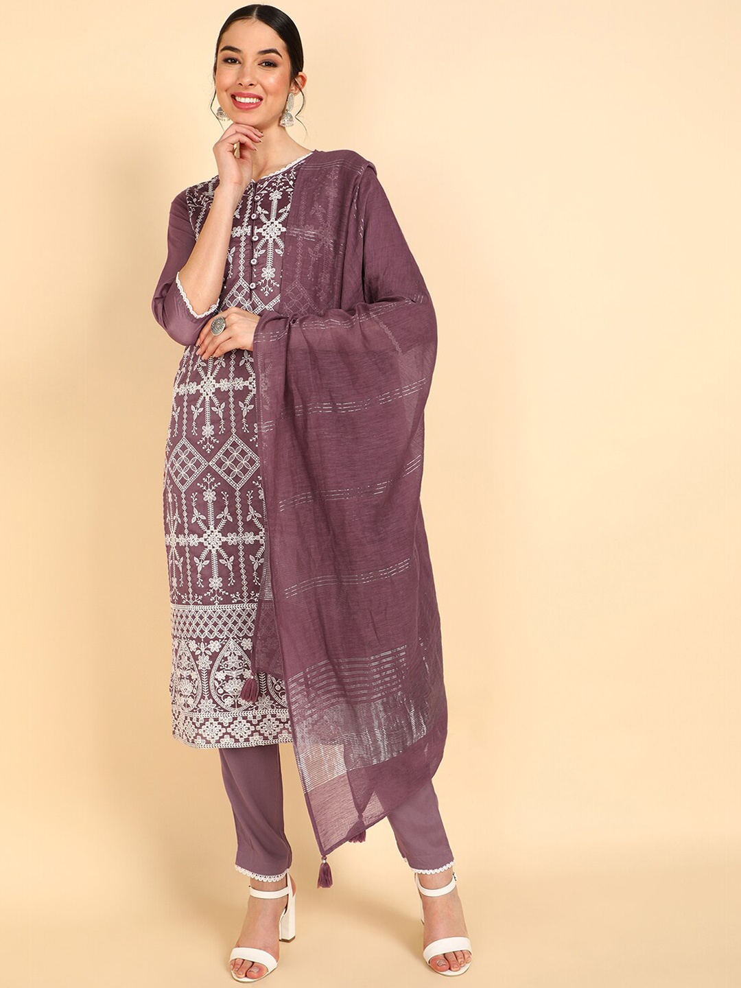 

AHIKA Women Lavender Floral Embroidered Kurta with Trousers & With Dupatta