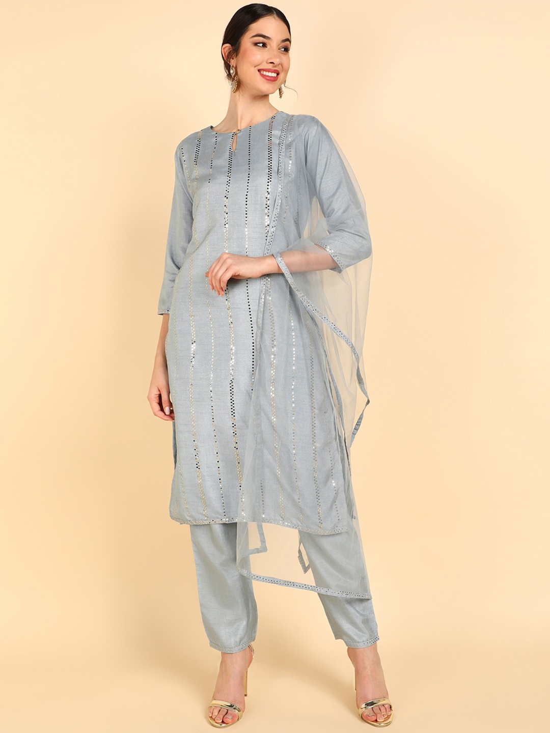 

AHIKA Women Grey Floral Embroidered Mirror Work Kurta with Trousers & With Dupatta