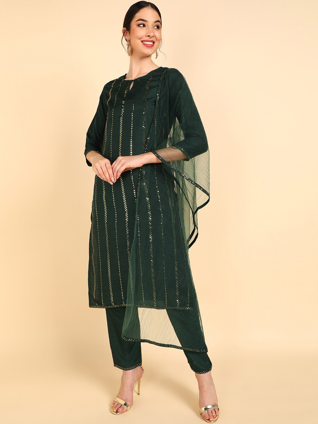 

AHIKA Women Green Embroidered Beads and Stones Kurta with Trousers & With Dupatta