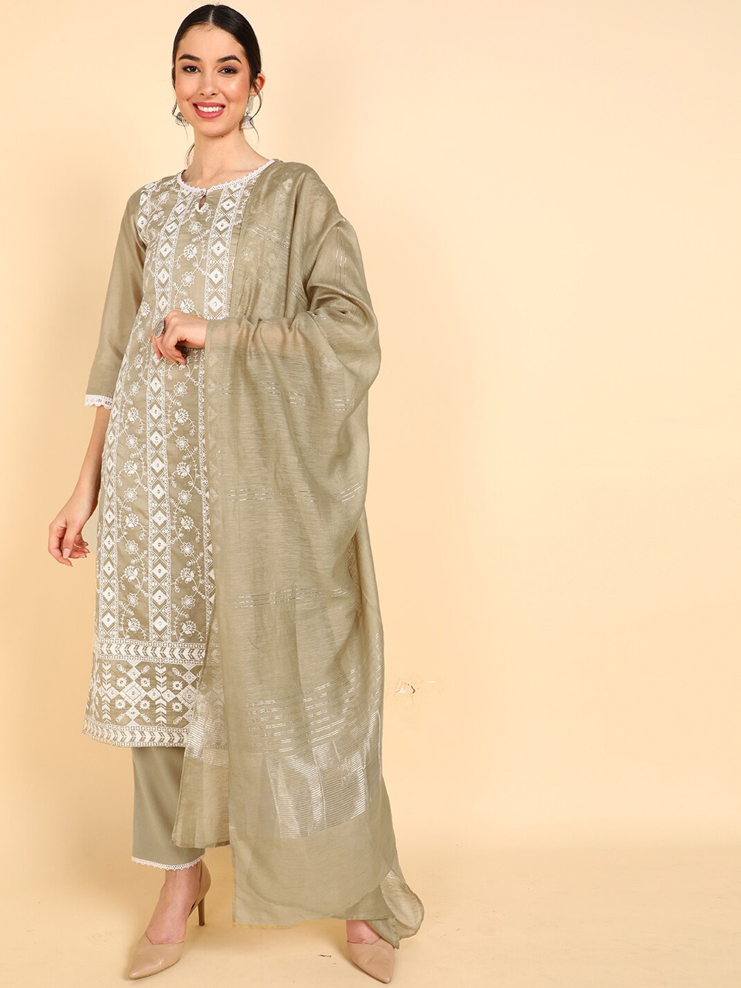 

AHIKA Women Beige Ethnic Motifs Embroidered Kurta with Trousers & Dupatta