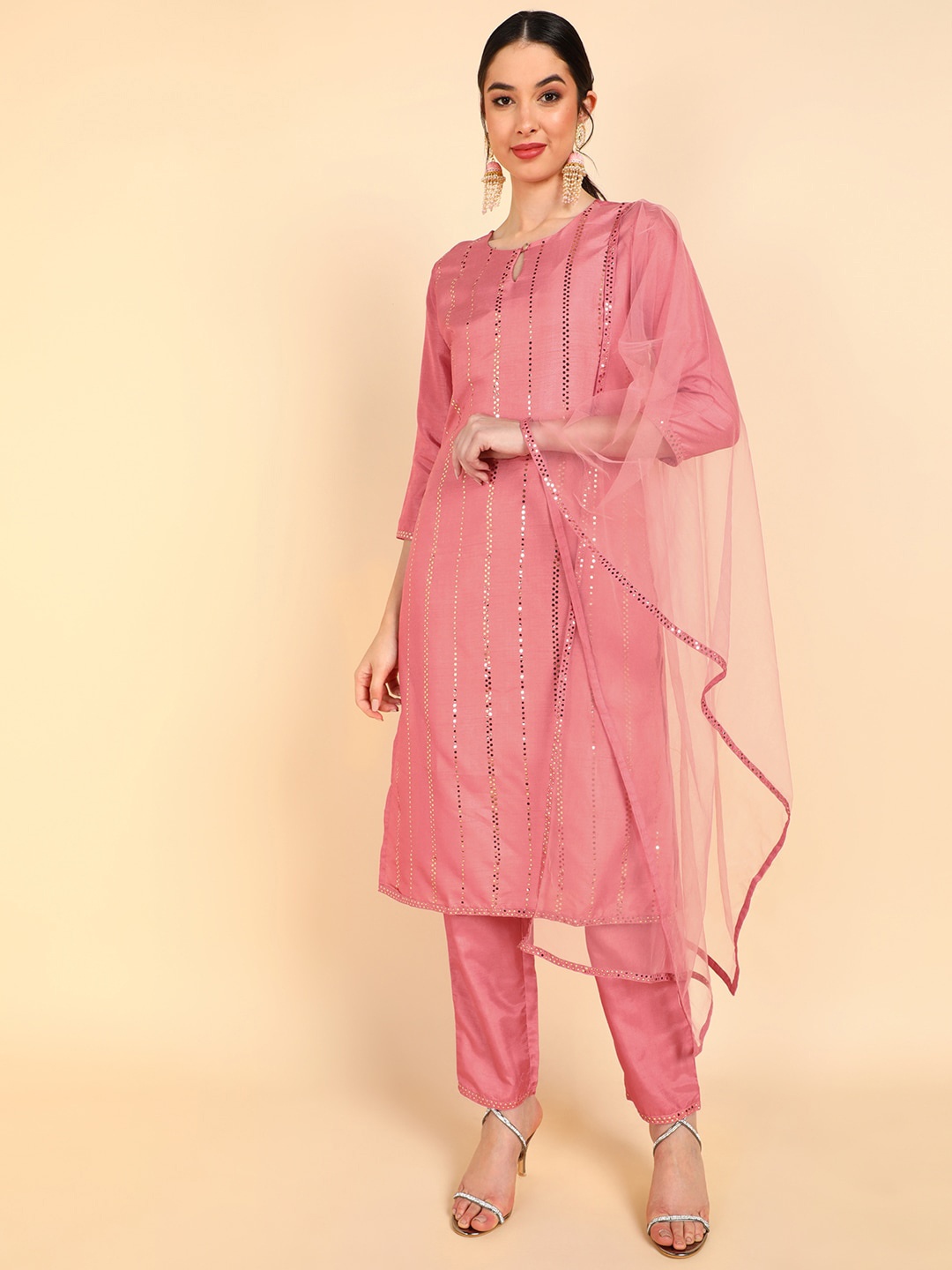 

AHIKA Women Pink Embroidered Sequinned Kurta with Trousers & With Dupatta