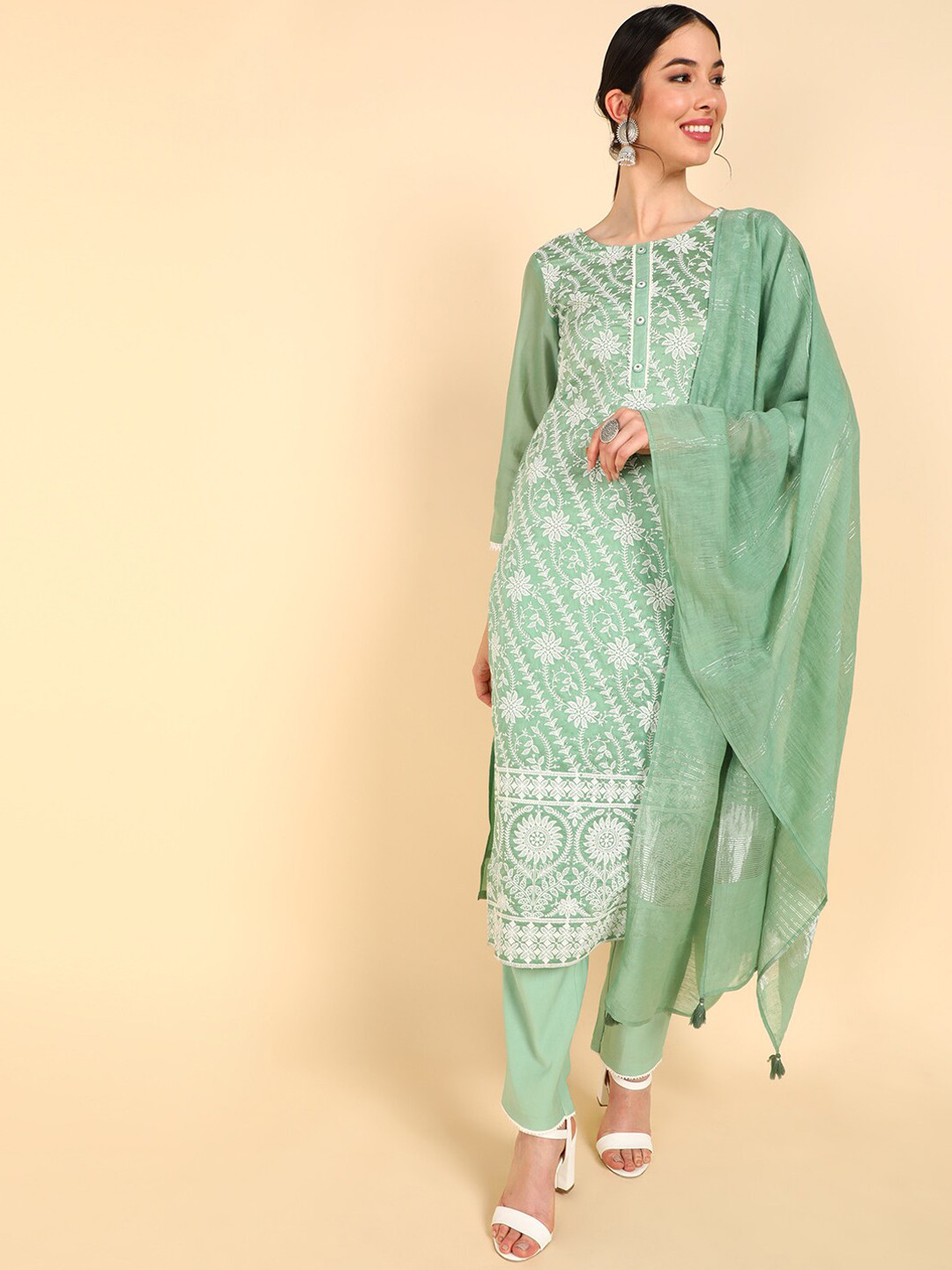 

AHIKA Women Sea Green Floral Embroidered Kurta with Trousers & Dupatta