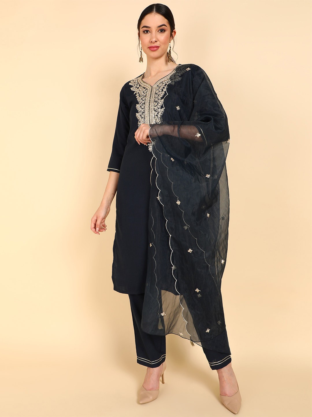 

AHIKA Women Navy Blue Floral Yoke Design Kurta with Trousers & With Dupatta