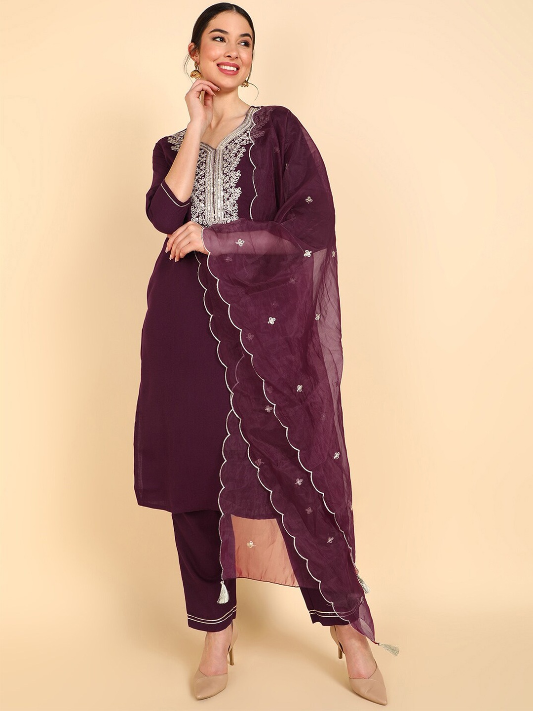 

AHIKA Women Purple Floral Embroidered Kurta with Trousers & With Dupatta