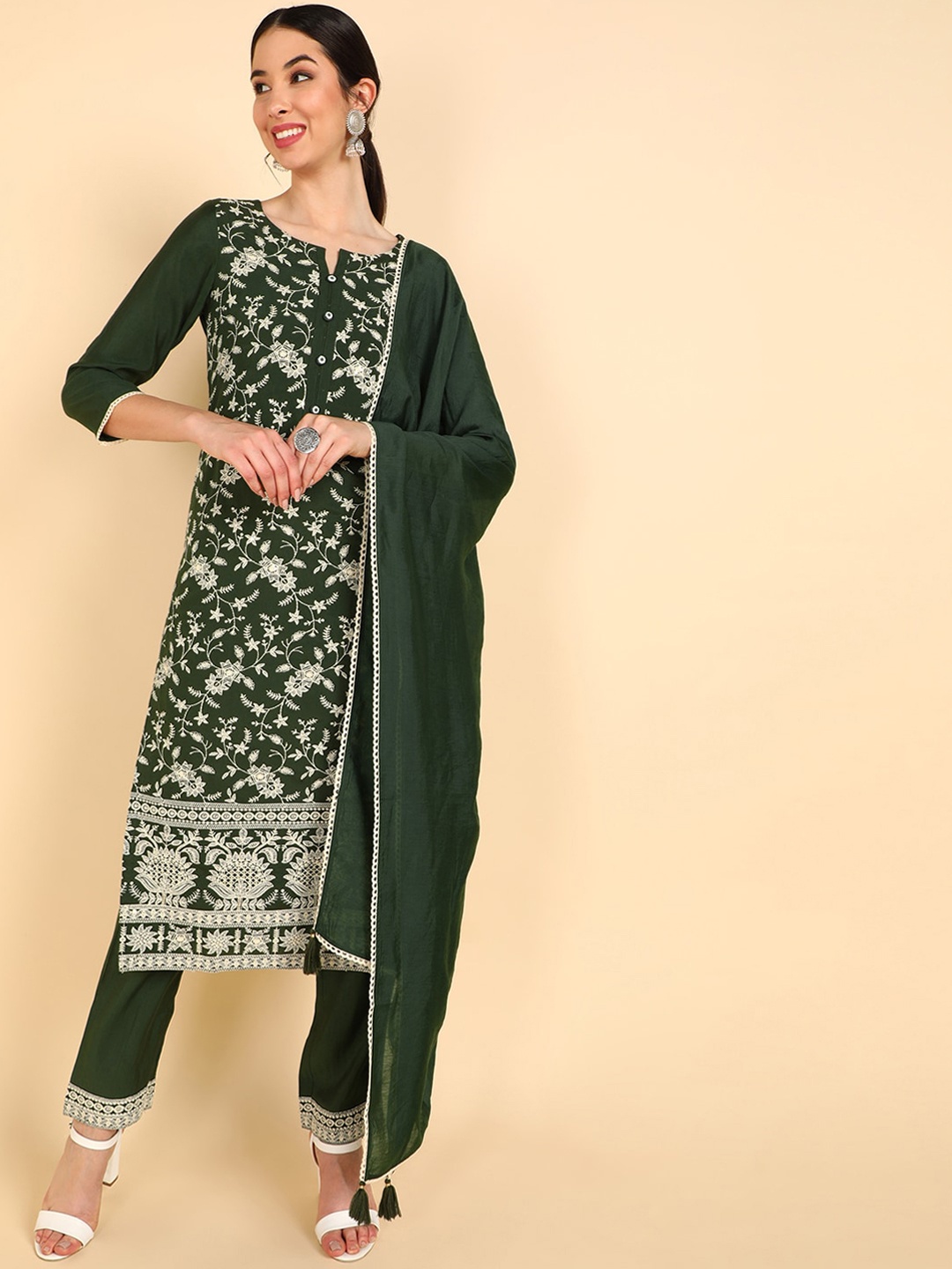 

AHIKA Women Green Floral Embroidered Kurti with Trousers & With Dupatta