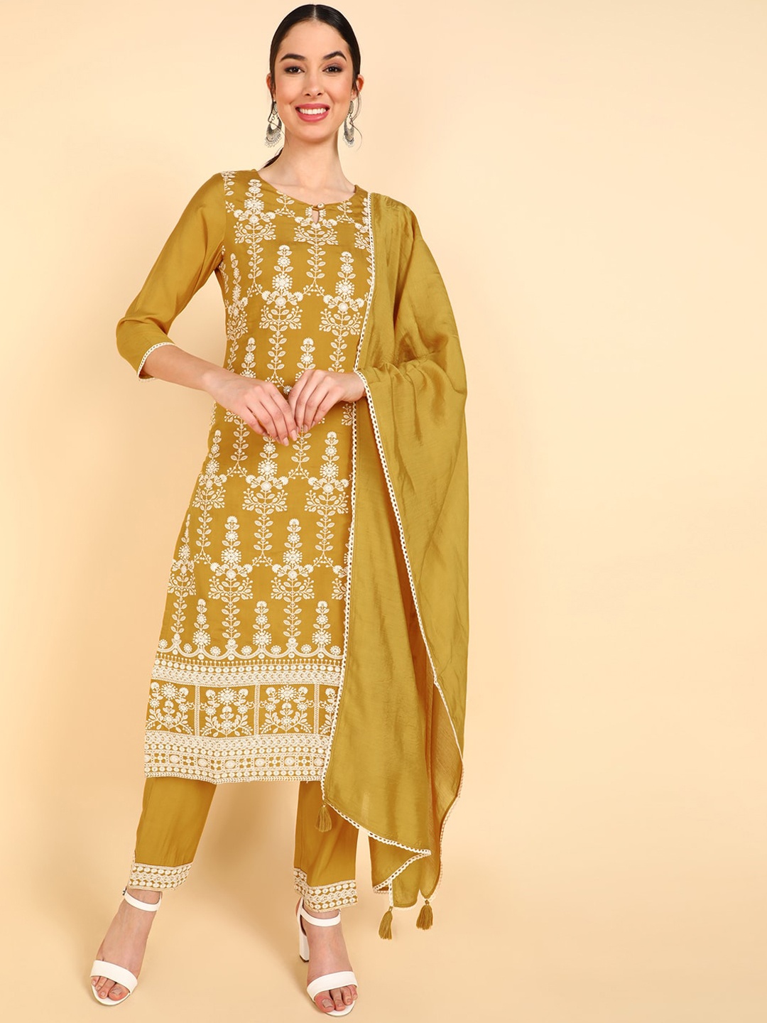 

AHIKA Women Mustard Yellow Floral Embroidered Kurta with Trousers & With Dupatta