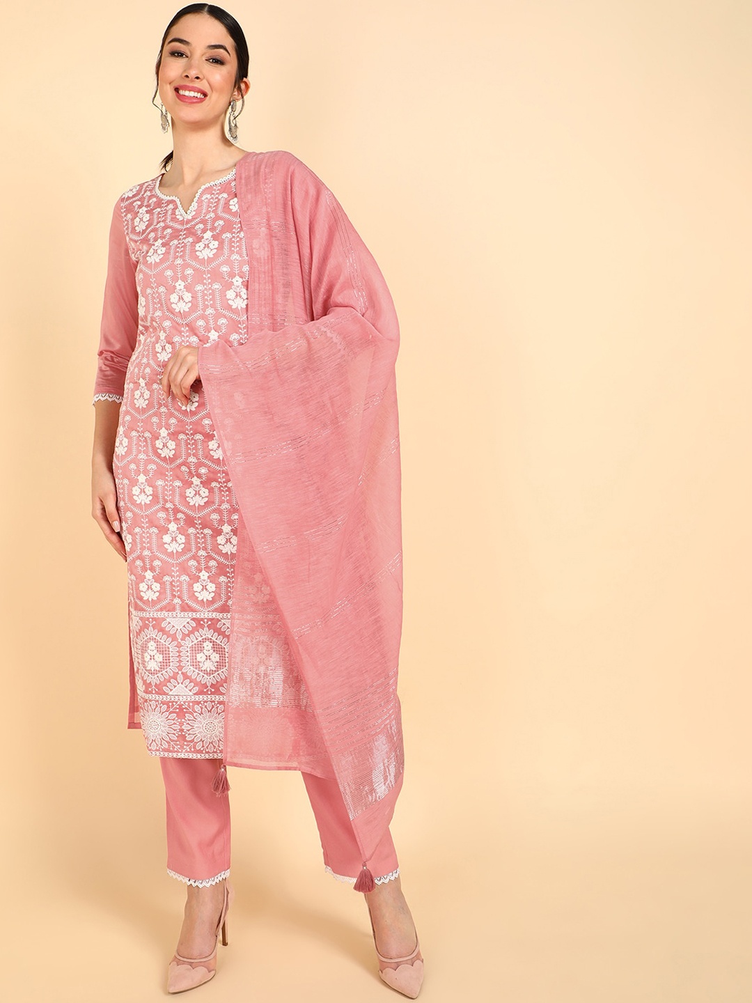 

AHIKA Women Pink & White Floral Embroidered Kurta with Trousers & With Dupatta