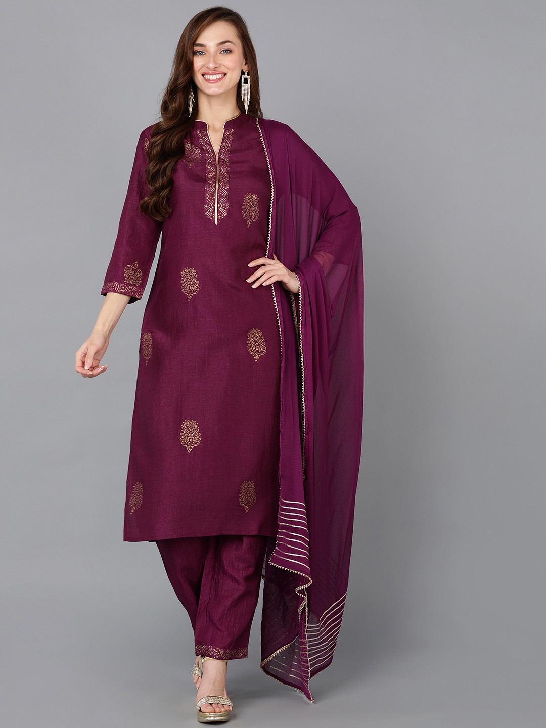

AHIKA Women Purple & Golden Printed Kurta with Trousers & With Dupatta