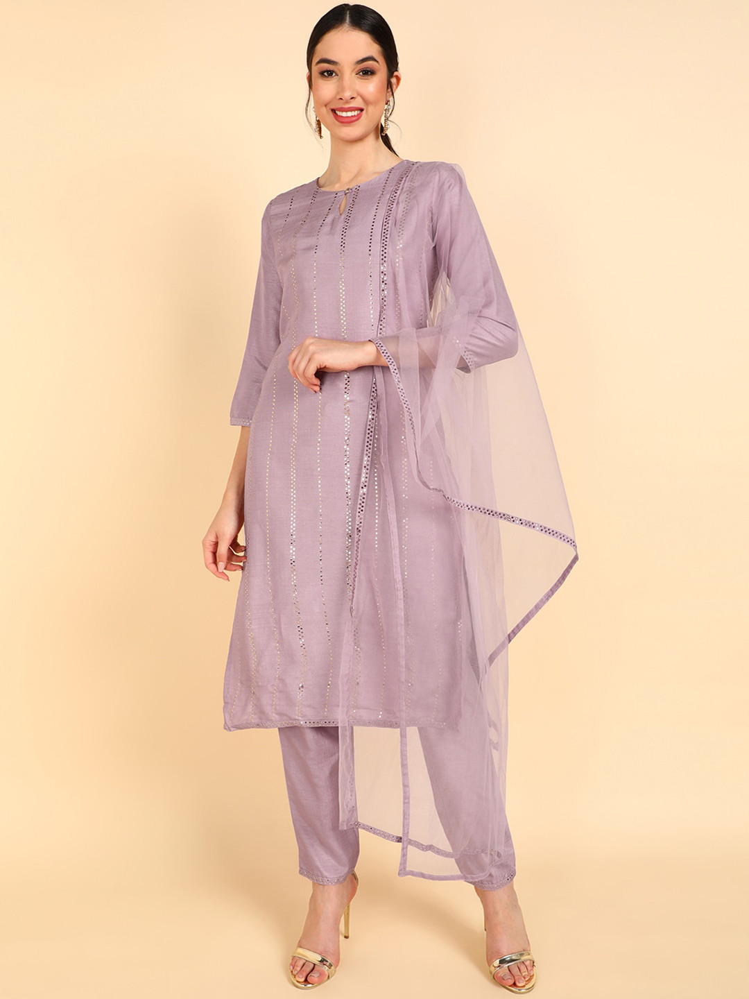 

AHIKA Women Lavender Embroidered Kurta with Trousers & With Dupatta