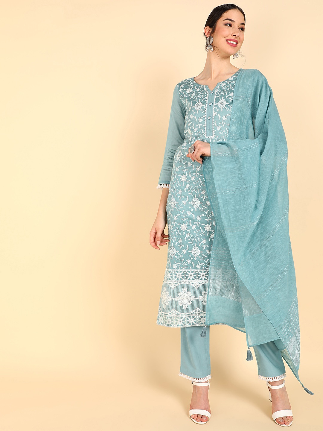 

AHIKA Women Sea Green Floral Embroidered Kurta with Trousers & With Dupatta