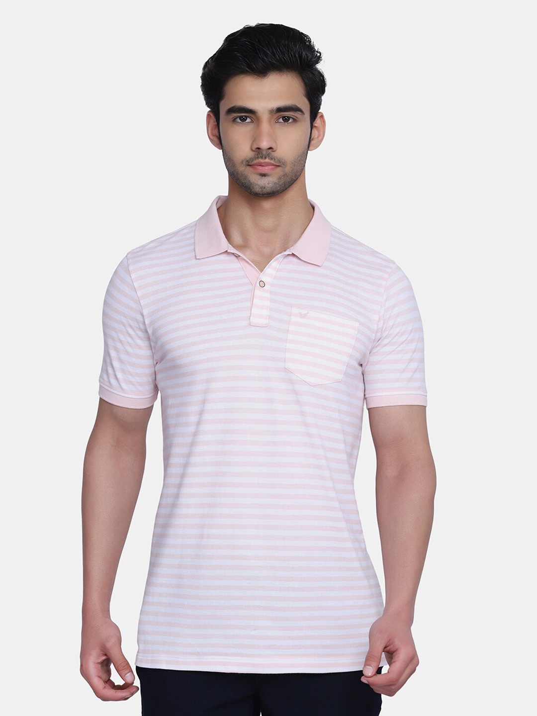 

Blackberrys Men Pink & White Striped Polo Collar Slim Fit T-shirt