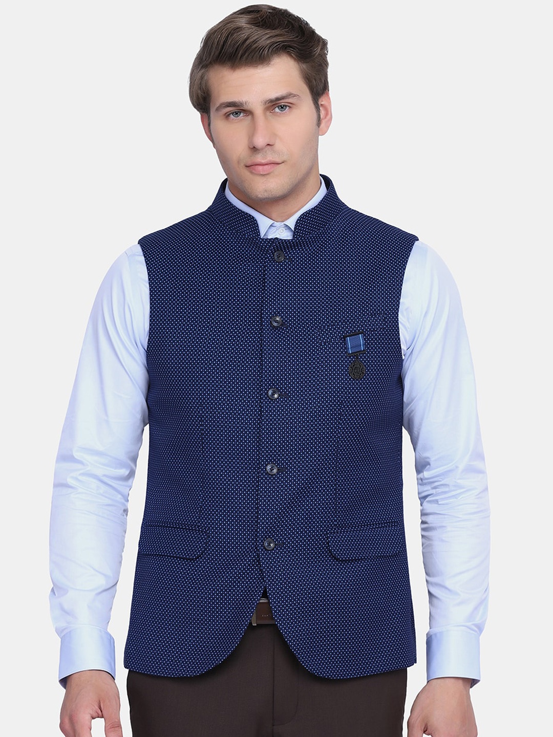 

Blackberrys Men Navy Blue Printed Bandhgala Waistcoat